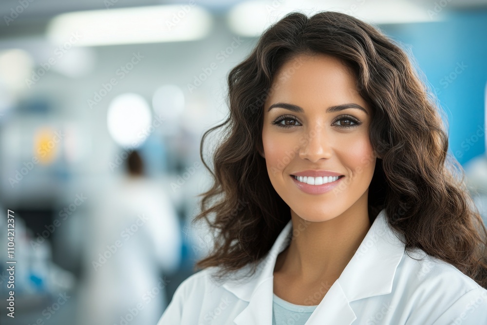 Smiling female scientist in laboratory wearing white coat and preparing for research work Smiling female scientist in laboratory wearing white coat and preparing for research work