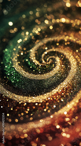 Abstract background of swirling golden glitter creates a mesmerizing effect with vibrant colors and sparkling lights