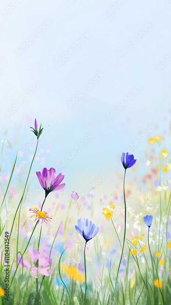 Vibrant wildflowers bloom against a soft background, creating a serene and colorful landscape filled with a variety of delicate petals and fresh greenery Vibrant wildflowers bloom against a soft background, creating a serene and colorful landscape filled with a variety of delicate petals and fresh greenery