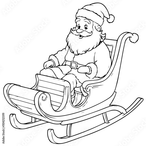 A simple line drawing of a Sleigh with Santa Claus, black and white vector illustration