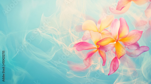 Colorful flowers emerge amidst a soft, swirling background, blending hues of pink and yellow with a dreamy, ethereal quality