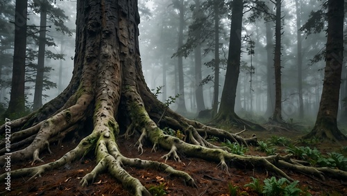 Ancient tree with exposed roots in a misty forest.