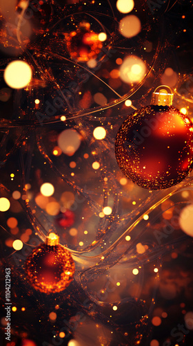 Abstract background features festive red and gold ornaments blending with a swirl of glowing lights creating a warm and celebratory atmosphere