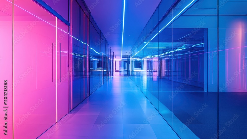 A vibrant, modern hallway illuminated with pink and blue neon lights, featuring sleek glass walls and a futuristic design.