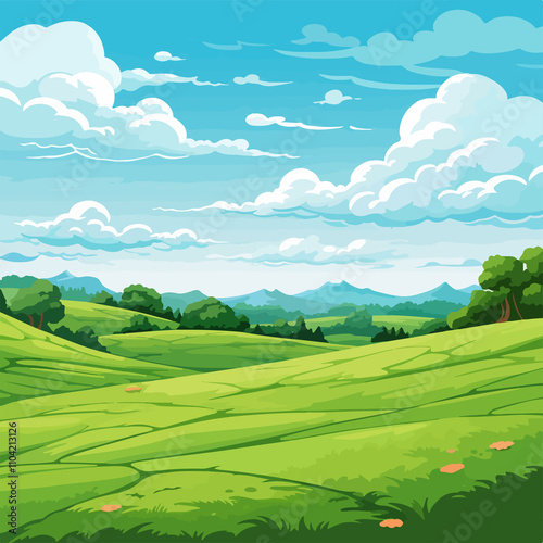 Serene Green Field Landscape with Rolling Hills and Trees Background