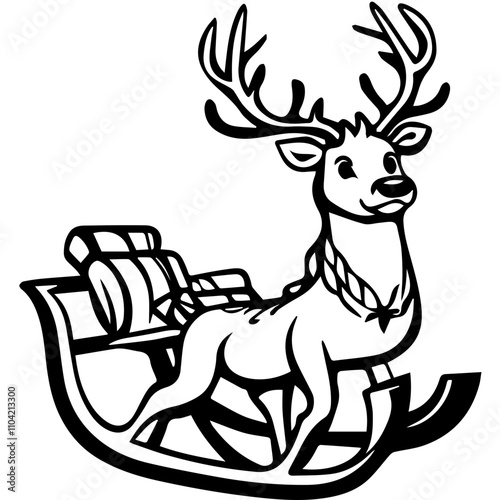 Sleigh with raindeer, black and white vector, A simple line drawing 