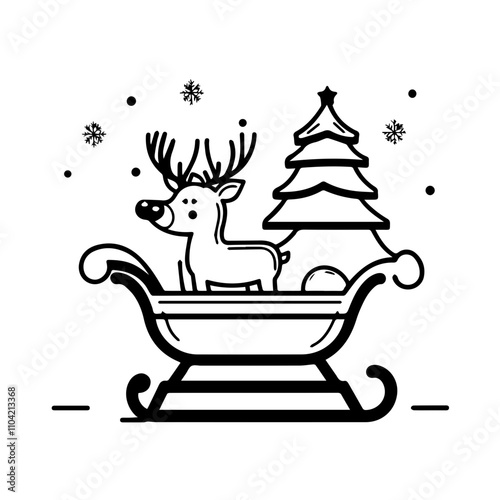 Sleigh with raindeer, black and white vector, A simple line drawing 