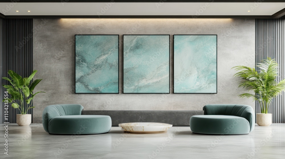 Modern lounge area with abstract art and plants for a stylish, relaxing atmosphere.