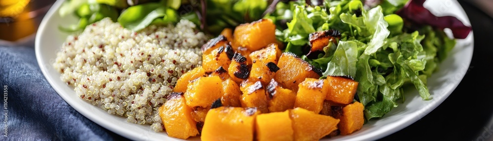 A nutritious plate featuring quinoa, roasted squash, and fresh greens. A nutritious plate featuring quinoa, roasted squash, and fresh greens.