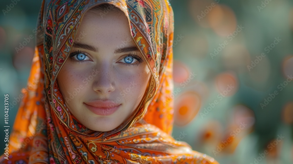 Beautiful woman with vibrant scarf in a garden of colorful flowers during golden hour. Generative AI Beautiful woman with vibrant scarf in a garden of colorful flowers during golden hour. Generative AI