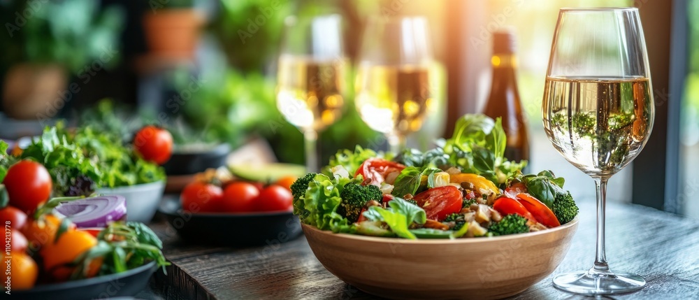 A colorful vegetable salad sits in a wooden bowl next to a glass of white wine. Bright cherry tomatoes and greens highlight the fresh ingredients A colorful vegetable salad sits in a wooden bowl next to a glass of white wine. Bright cherry tomatoes and greens highlight the fresh ingredients