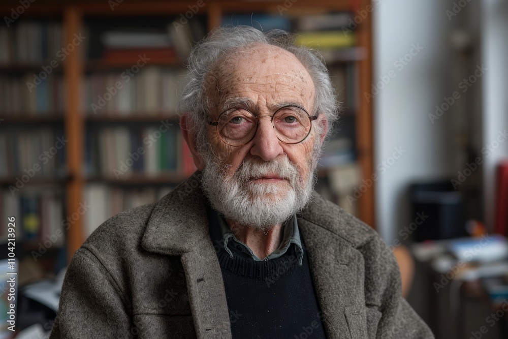 Portrait of an anthropologist in a study filled with books, showcasing wisdom and experience in scholarly work