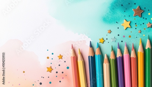 Wallpaper Mural A vibrant arrangement of colored pencils against a watercolor background, accented by stars and splashes, ideal for creative projects. Torontodigital.ca