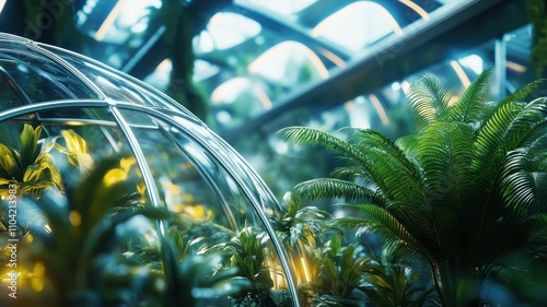 A vibrant, futuristic greenhouse filled with lush ferns and illuminated by soft light, showcasing a harmonious blend of nature and modern design. photo