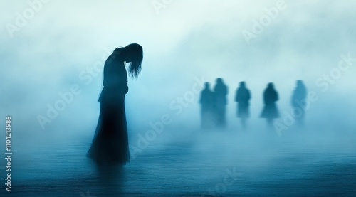 A mysterious figure stands in a foggy landscape, with shadowy silhouettes in the background, This evocative image can be used for themes of solitude, introspection photo