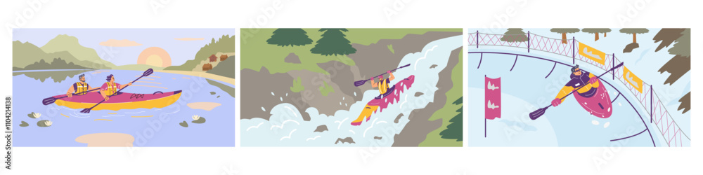 Fototapeta premium Vector set woman and a man kayaking: in a lake, a river, in the snow.