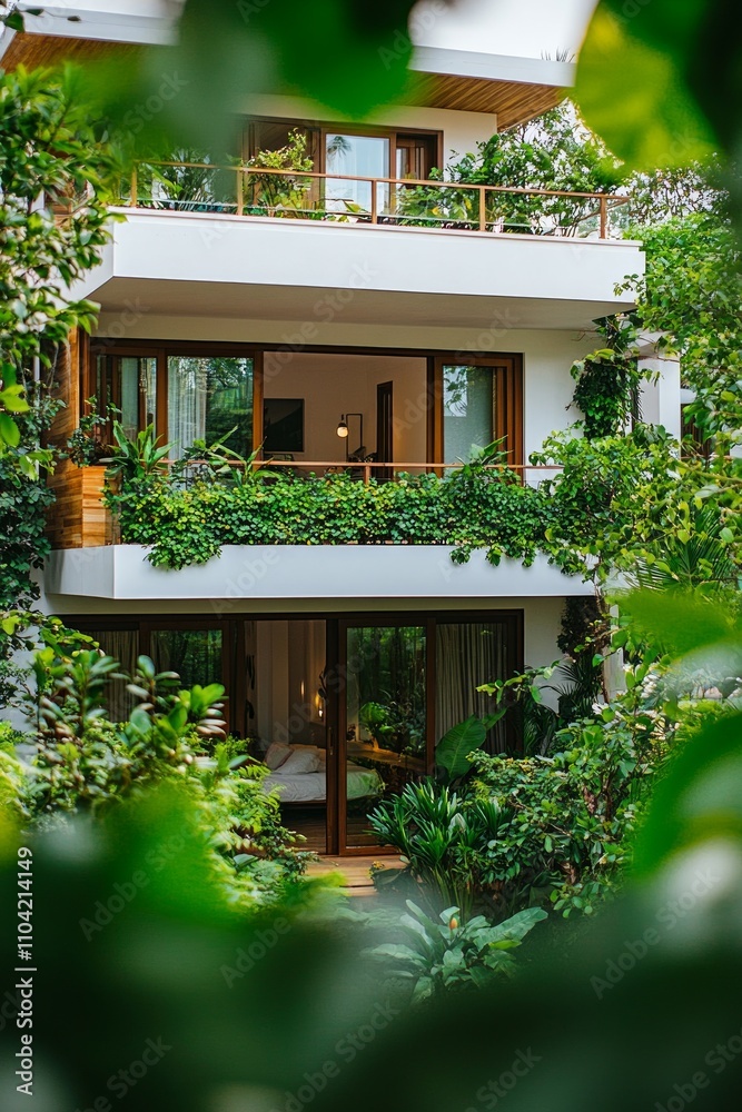 Fototapeta premium This eco house features natural materials, expansive balconies, and abundant greenery, promoting sustainable living in a peaceful, inviting setting