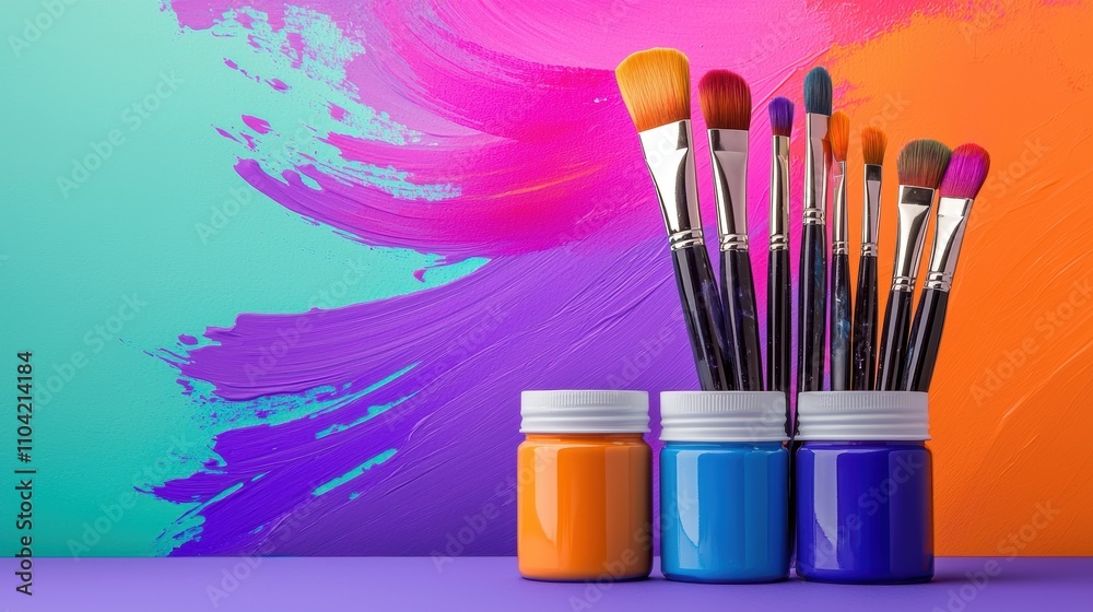 A vibrant arrangement of paintbrushes in jars, set against a colorful abstract background of blended hues. A vibrant arrangement of paintbrushes in jars, set against a colorful abstract background of blended hues.