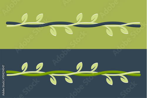 vector liana stem border. 
jungle creeper liana. Green vine with leaves. Tropical nature plant