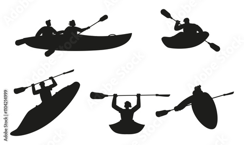 Kayaking. Set of black silhouettes.