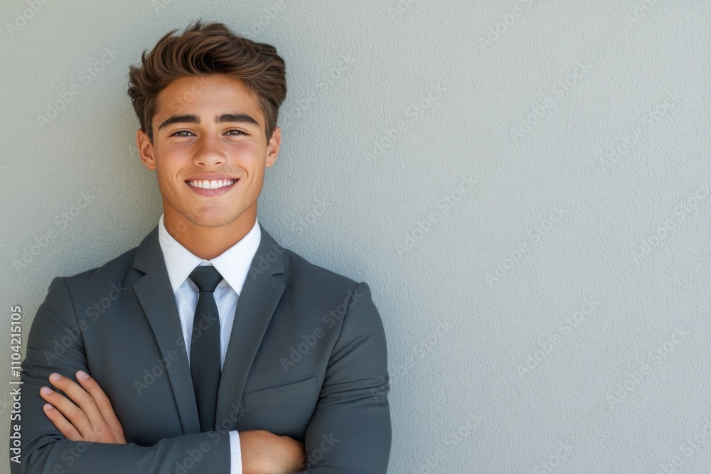 Confident man in suit smiling with arms crossed against plain background Confident man in suit smiling with arms crossed against plain background