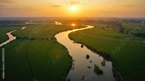 Golden waterways of the Mekong Delta weave a tranquil tapestry at sunset, reflecting nature’s splendor and Southeast Asia’s serene beauty.
 photo