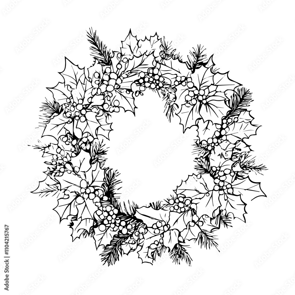 Fototapeta premium A simple line drawing of a wreath graphic, with Holly and Berries , black and white vector illustration