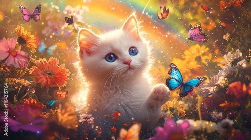 A cute white kitten explores a colorful flower garden filled with butterflies and a bright rainbow, evoking joy and wonder.