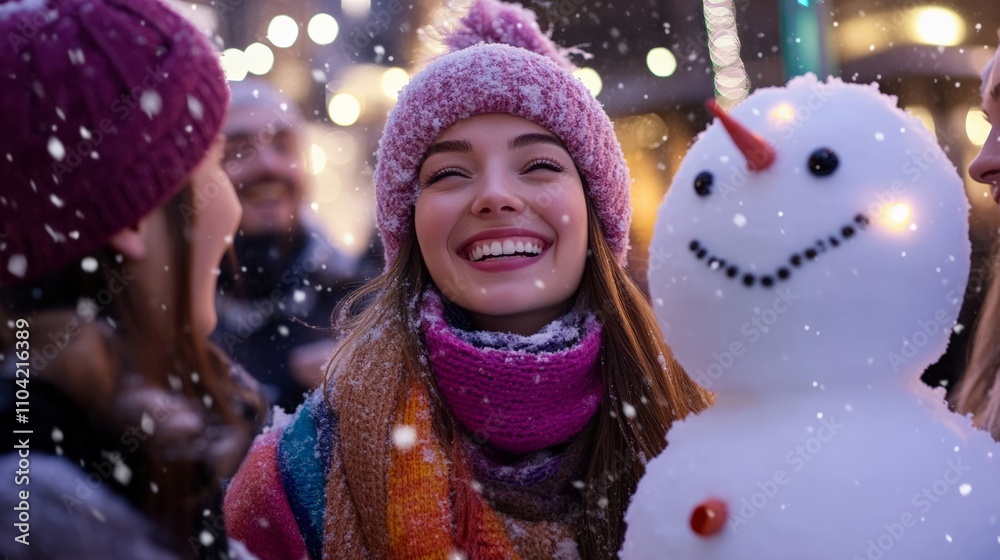 Joyful Winter Moments: A Girl Smiling with a Snowman in a Festive Scene Joyful Winter Moments: A Girl Smiling with a Snowman in a Festive Scene