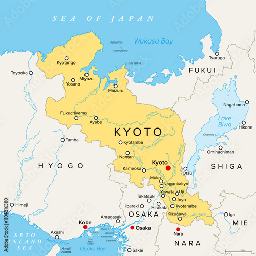 Kyoto Prefecture of Japan, political map. Located in Kansai region of Honshu on Sea of ​​Japan, bordering the prefectures Fukui, Shiga, Mie, Nara, Osaka and Hyogo. Capital and largest city is Kyoto.