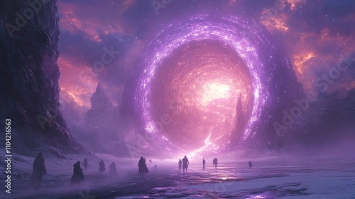 Figures walk towards a mystical, glowing purple portal in a snowy, fantastical landscape.