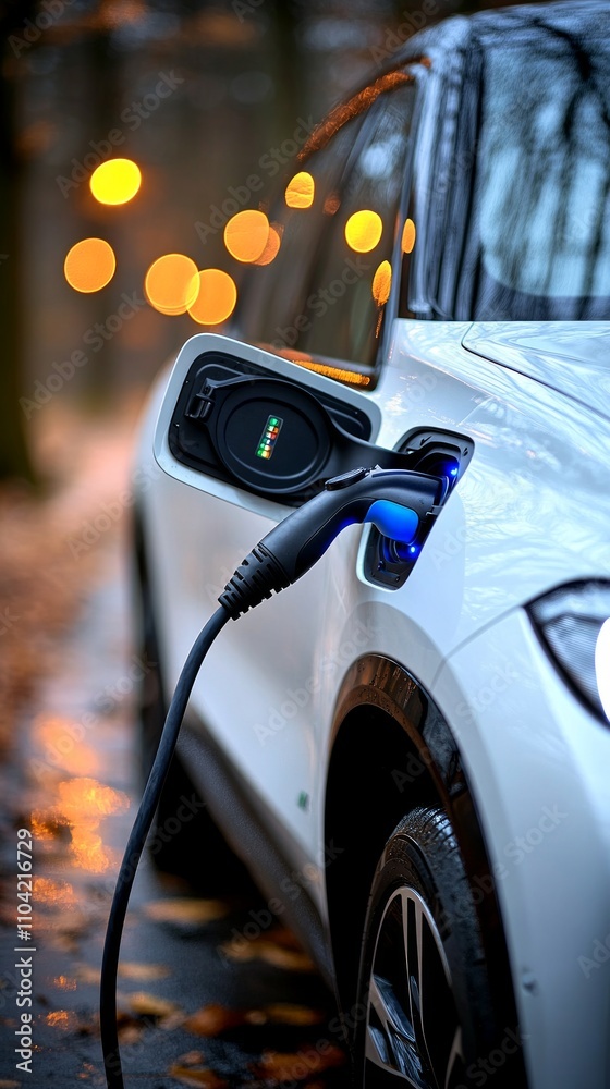 Electric vehicle connects to a charging station in a serene park setting at dusk, illuminated by warm lights reflecting off the wet pavement Electric vehicle connects to a charging station in a serene park setting at dusk, illuminated by warm lights reflecting off the wet pavement