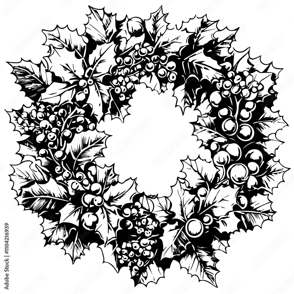 Fototapeta premium A simple line drawing of a wreath graphic, with Holly and Berries , black and white vector illustration