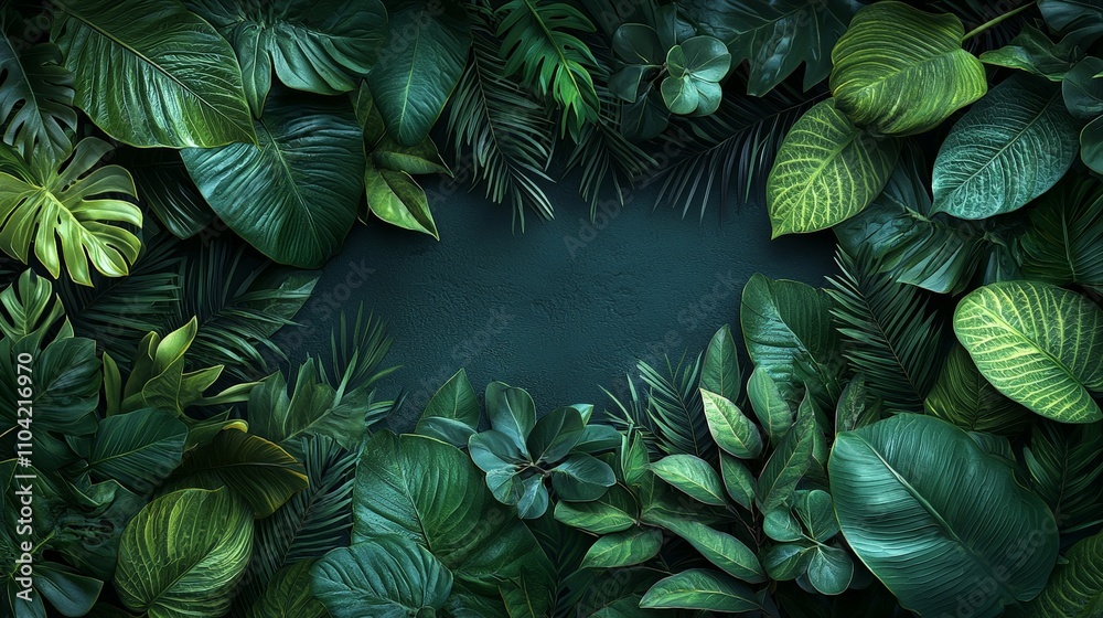 A lush arrangement of various green leaves creating a vibrant, natural frame.