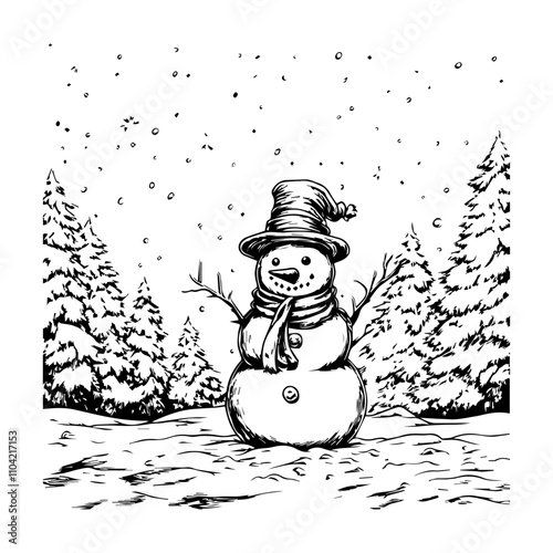 A simple line drawing of a Christmas Snowman, black and white vector illustration