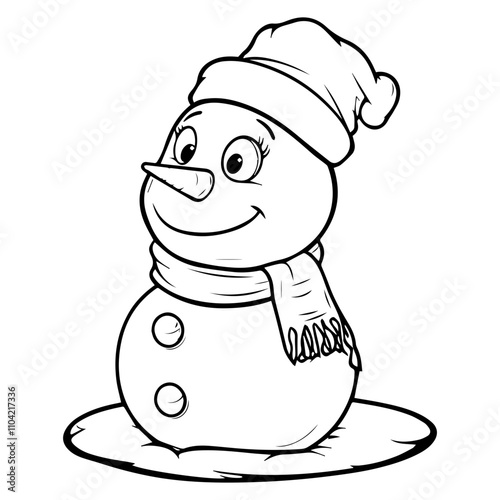 A simple line drawing of a Christmas Snowman, black and white vector illustration