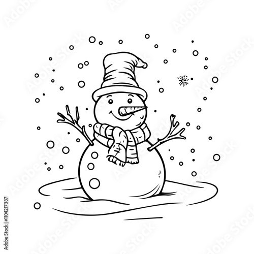 A simple line drawing of a Christmas Snowman, black and white vector illustration