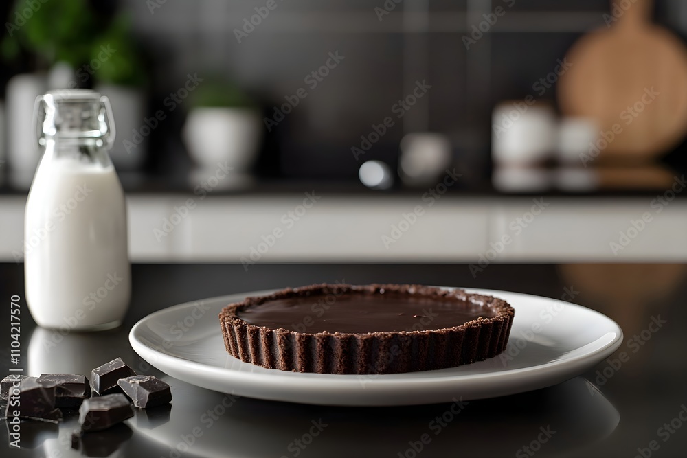 Tarte au chocolat noir. A glossy dark chocolate tart on a white plate, set in a modern kitchen. A milk bottle and chocolate chunks rest on the dark countertop, softly lit Tarte au chocolat noir. A glossy dark chocolate tart on a white plate, set in a modern kitchen. A milk bottle and chocolate chunks rest on the dark countertop, softly lit