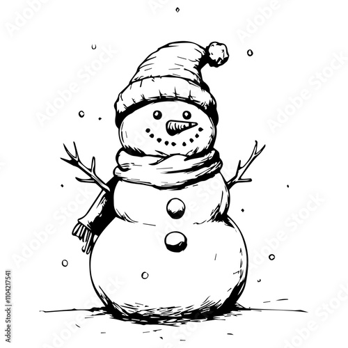 A simple line drawing of a Christmas Snowman, black and white vector illustration