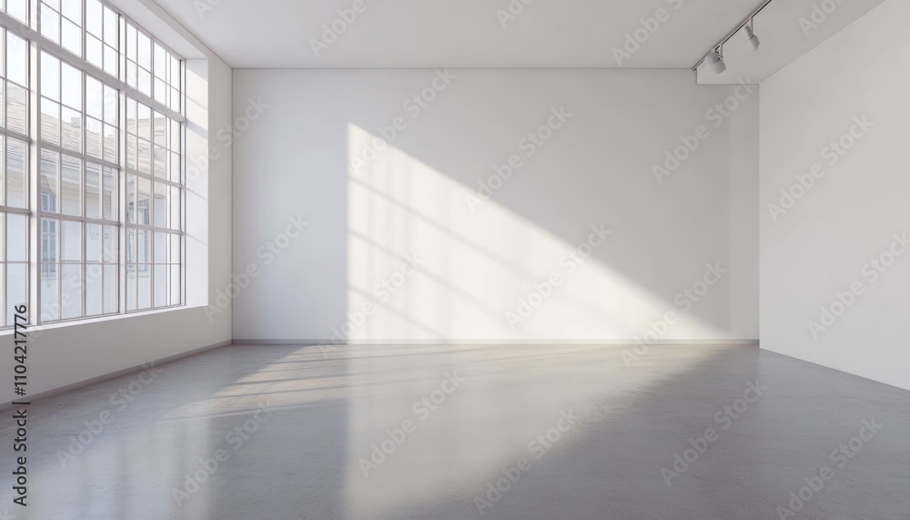 Fototapeta premium Empty Room with Large Window, Sunlight Streaming In, and Concrete Floor