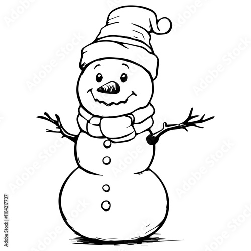 A simple line drawing of a Christmas Snowman, black and white vector illustration