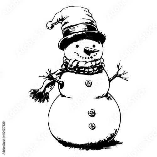 A simple line drawing of a Christmas Snowman, black and white vector illustration