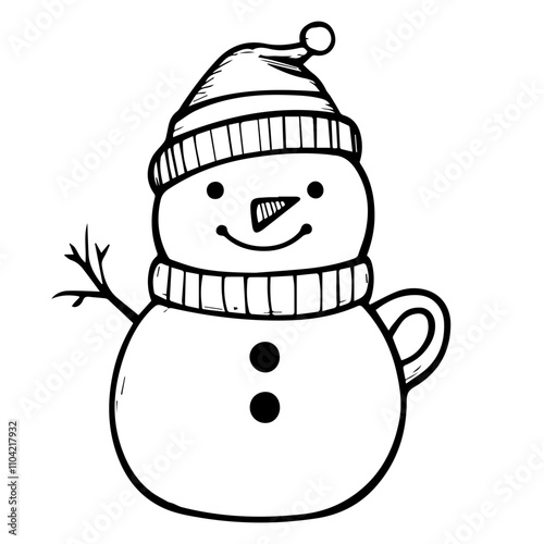 A simple line drawing of a Christmas Snowman, black and white vector illustration