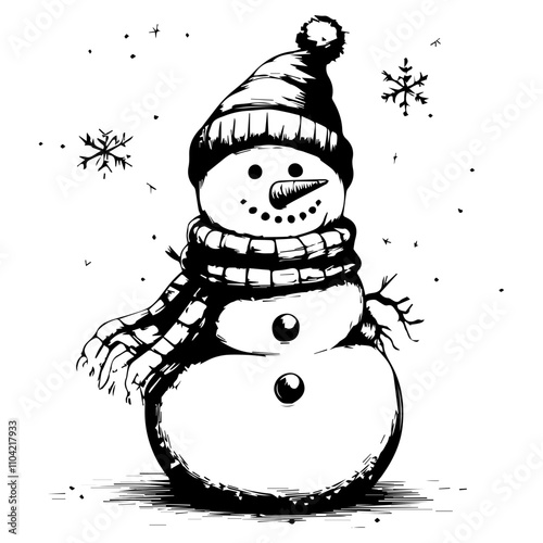 A simple line drawing of a Christmas Snowman, black and white vector illustration