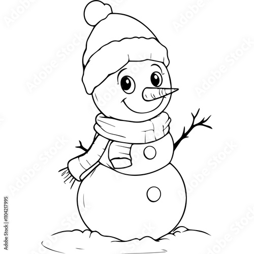 A simple line drawing of a Christmas Snowman, black and white vector illustration
