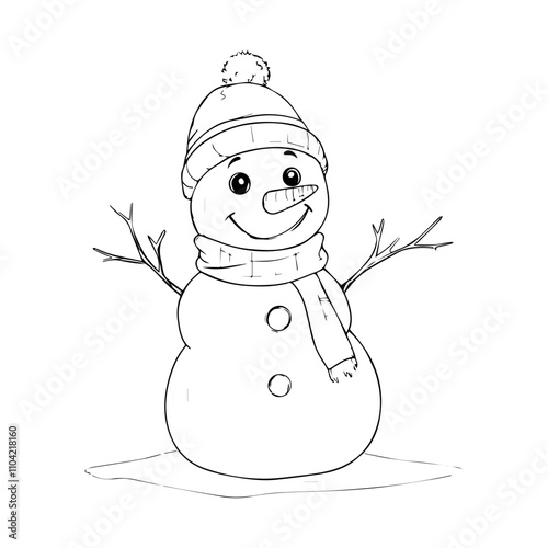 A simple line drawing of a Christmas Snowman, black and white vector illustration