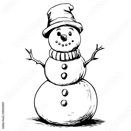 A simple line drawing of a Christmas Snowman, black and white vector illustration