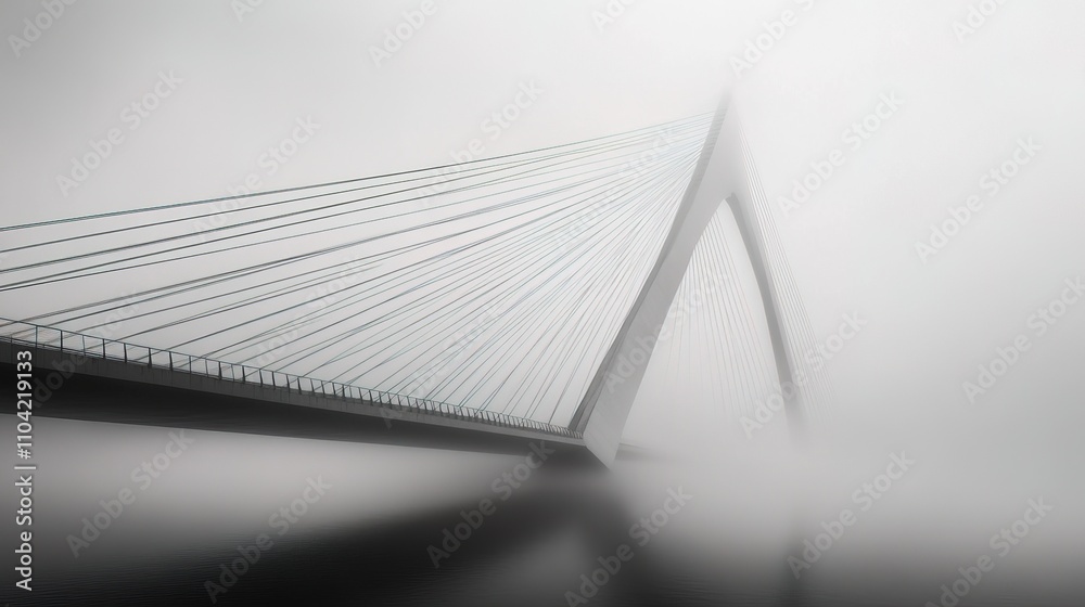 A contemporary bridge with cables vanishing into thick fog A contemporary bridge with cables vanishing into thick fog