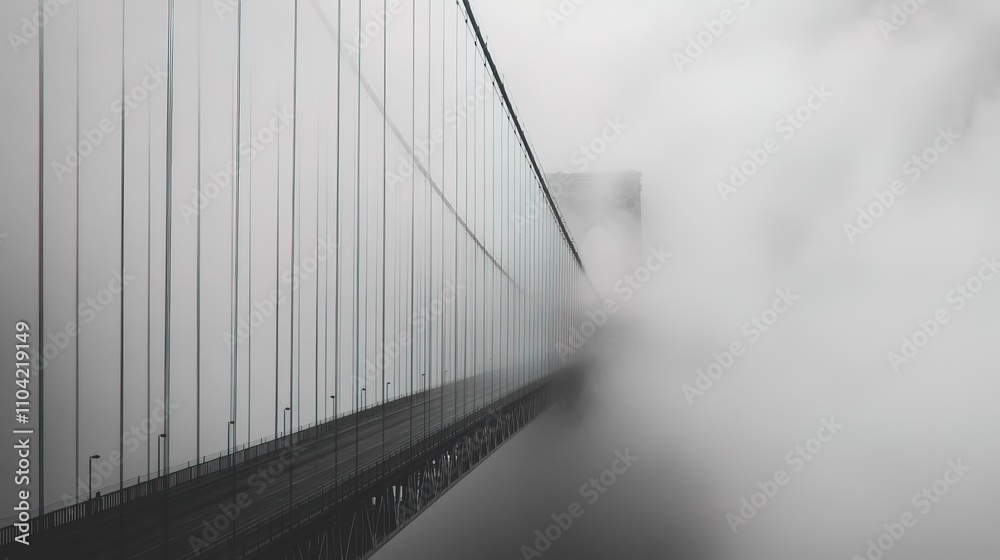 Fototapeta premium A contemporary bridge with cables vanishing into thick fog