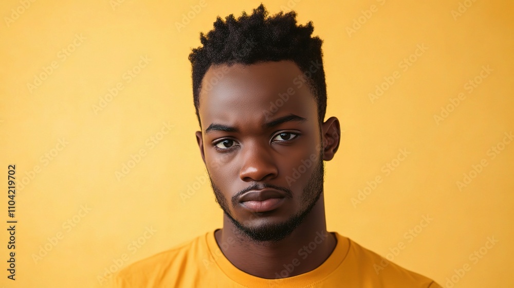 Portrait of a Serious Young Man Against a Bright Yellow Background Portrait of a Serious Young Man Against a Bright Yellow Background